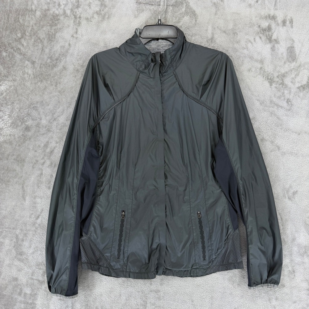 Lululemon Athlecia Windbreaker Jacket Gray Black Mesh Back Thumbholes Size 12